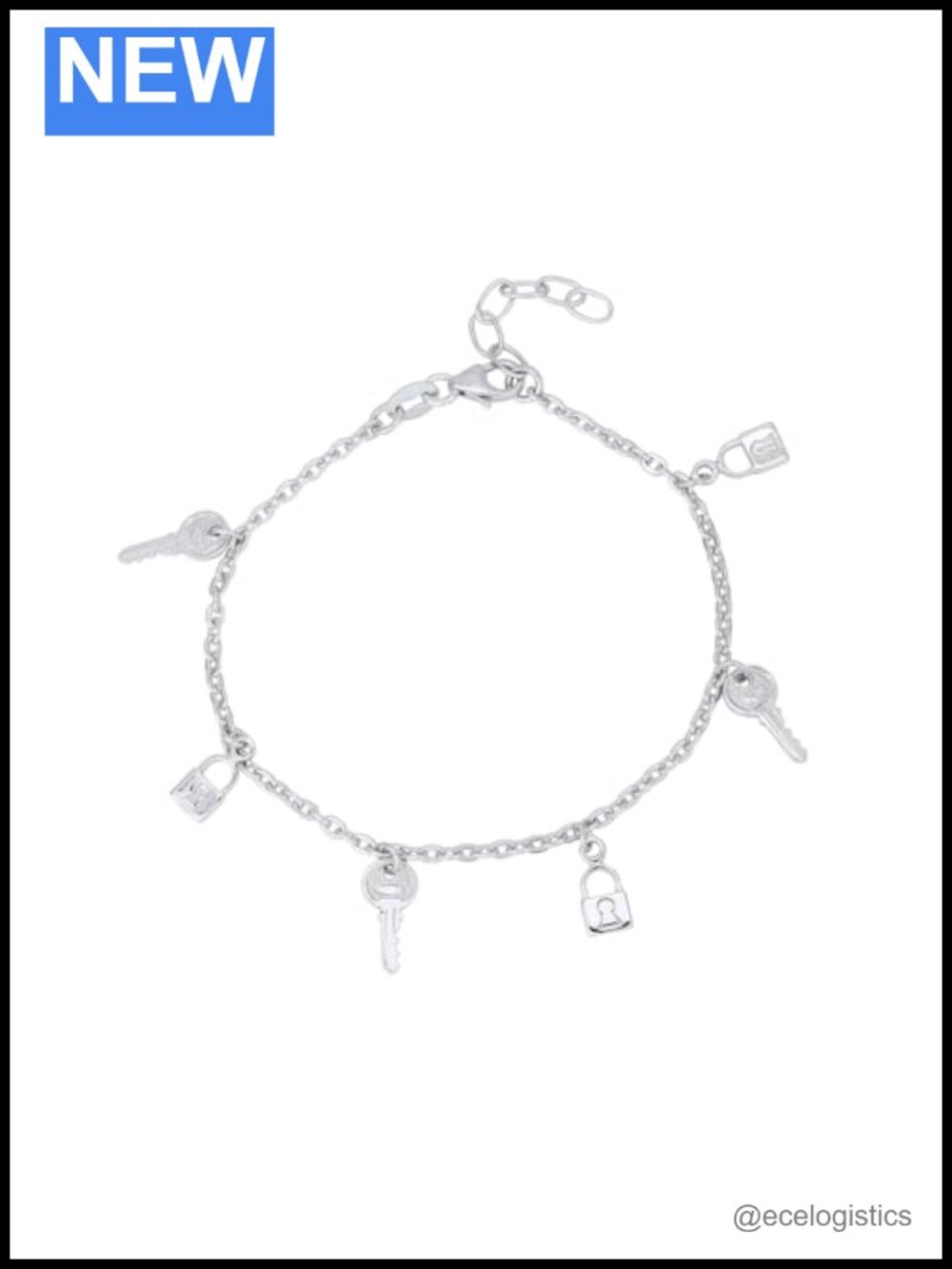 Sterling Silver Charm Bracelet 925 Rhodium Plated Lock & Key Dangle 6.5in